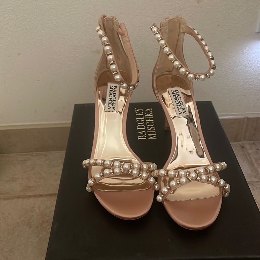 Pink satin sandal heel with pearl and rhinestone detail